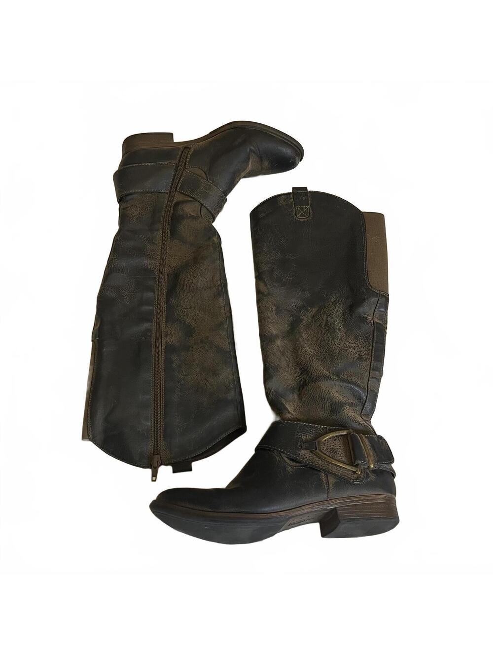 Crown Vintage Y2K Distressed Brown Riding Buckle Tall Boots